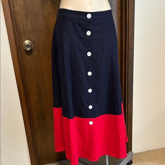 1901 Dresses & Skirts - 1901 COLOR BLOCK LINEN BLEND RED BLUE WITH POCKETS MIDI SKIRT SZ8